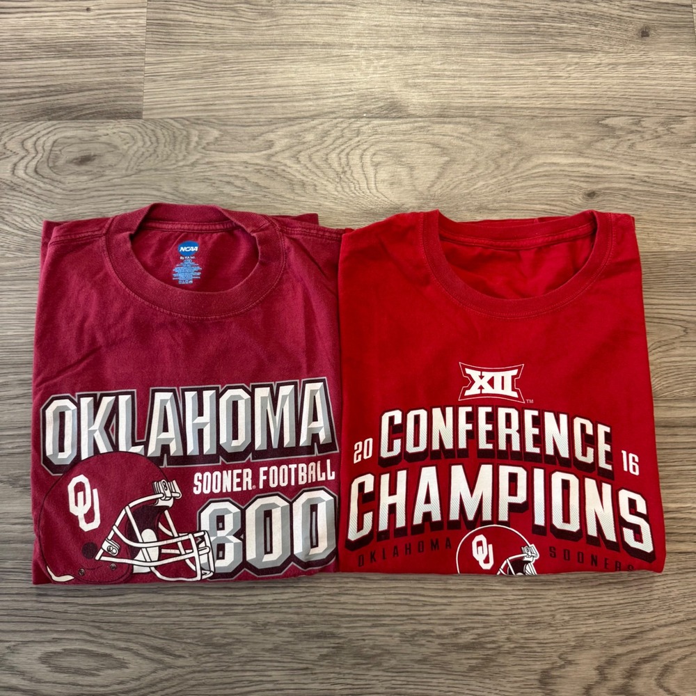 Lot of 2 Oklahoma Sooners Football T-Shirts 800 Wins & 2016 Champions Red Maroon